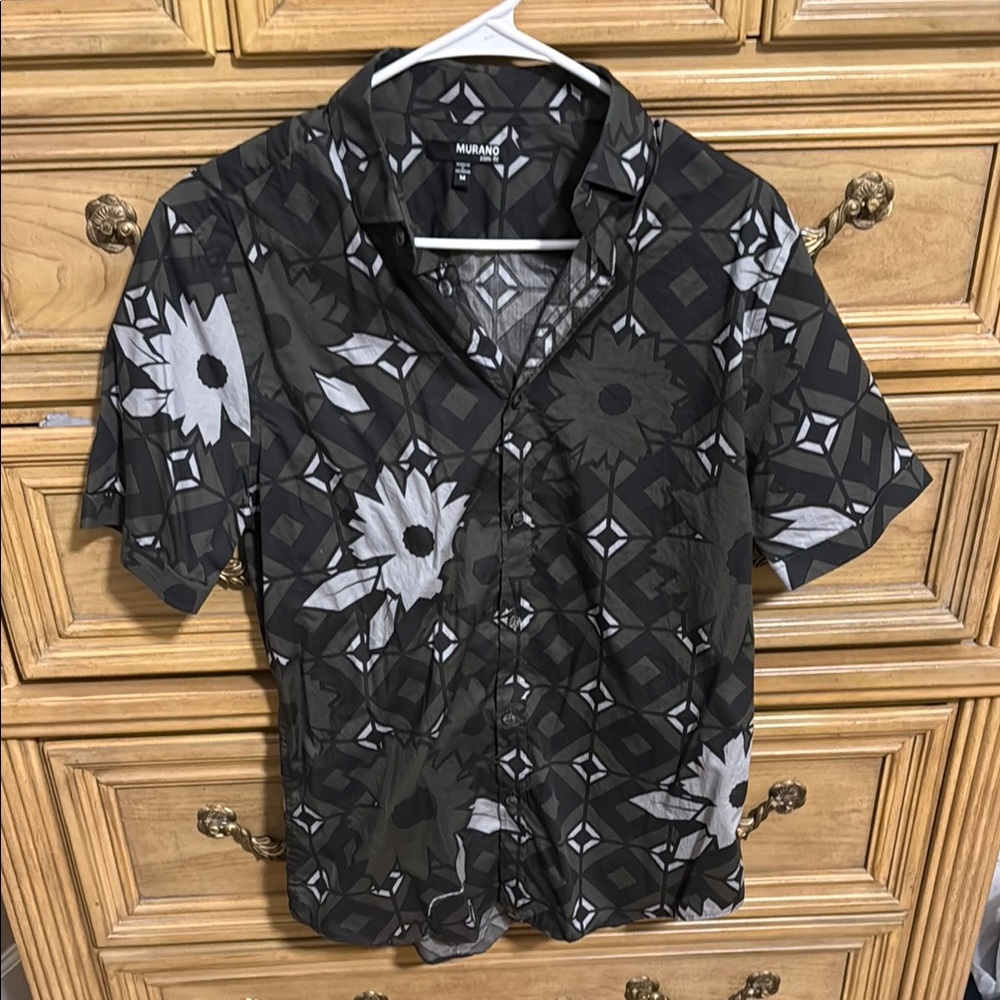 Murano Casual Black and Gray Button Down Shirt with Geometric Floral Design